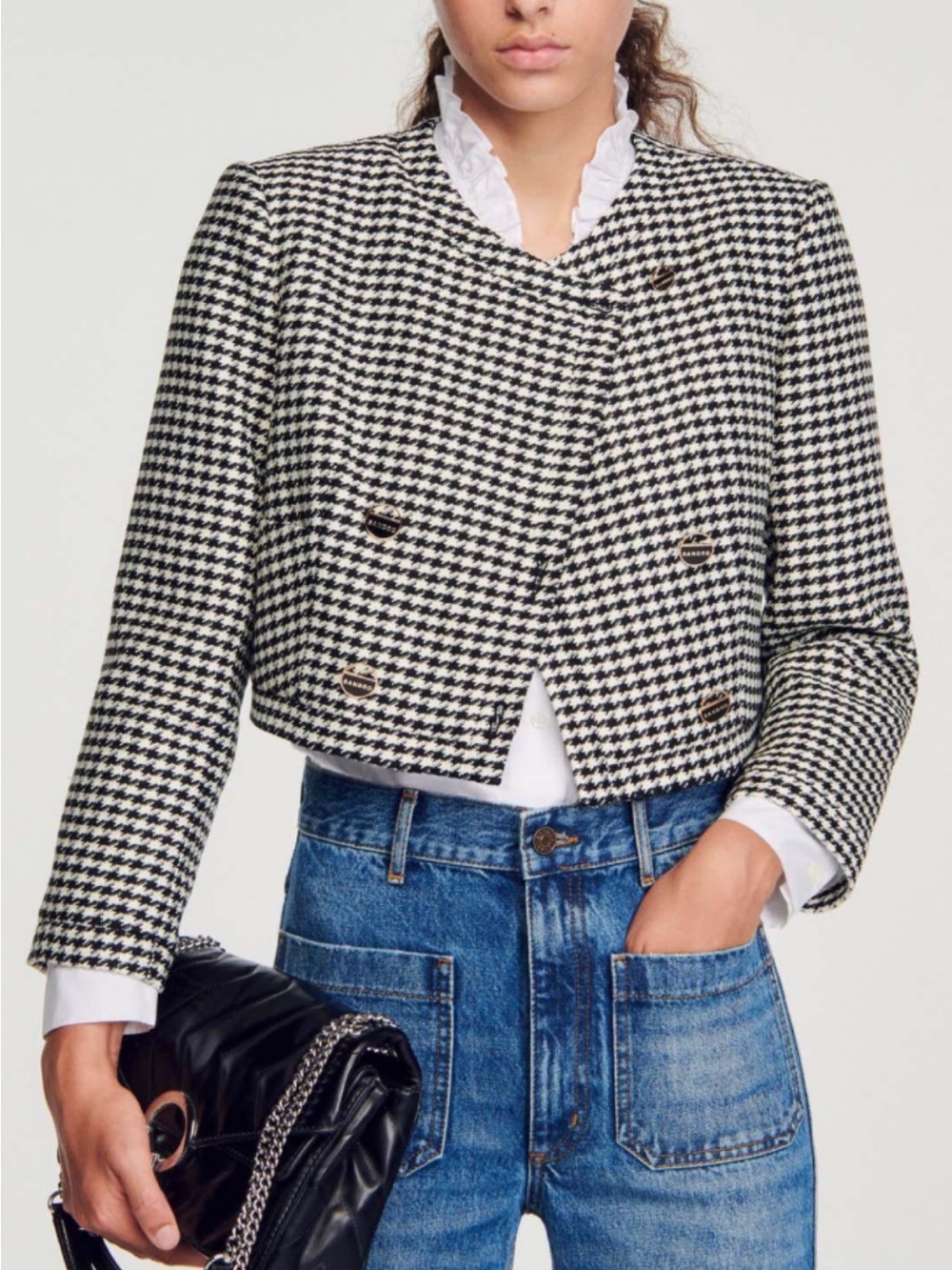 Sandro Black & White Houndstooth Cropped Blazer - Picture 4 of 4